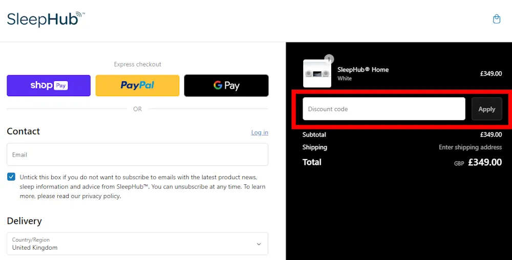 How to enter a SleepHub voucher code at checkout on www.sleephub.com