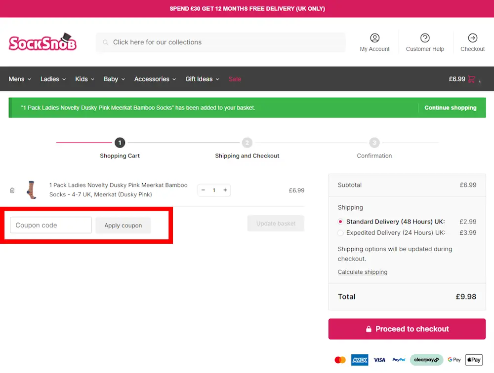 Screenshot showing where to apply a Sock Snob code on www.socksnob.co.uk