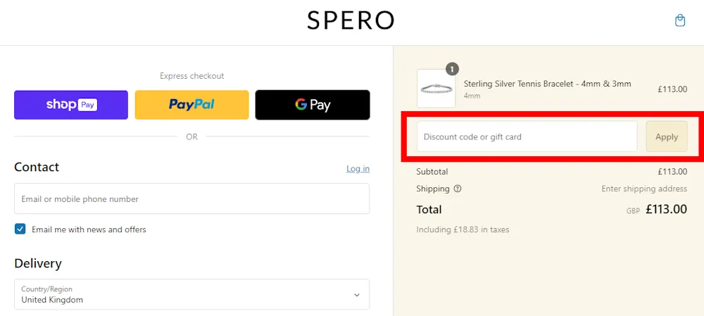 Screenshot showing where to apply a Spero London code at checkout on sperolondon.com.