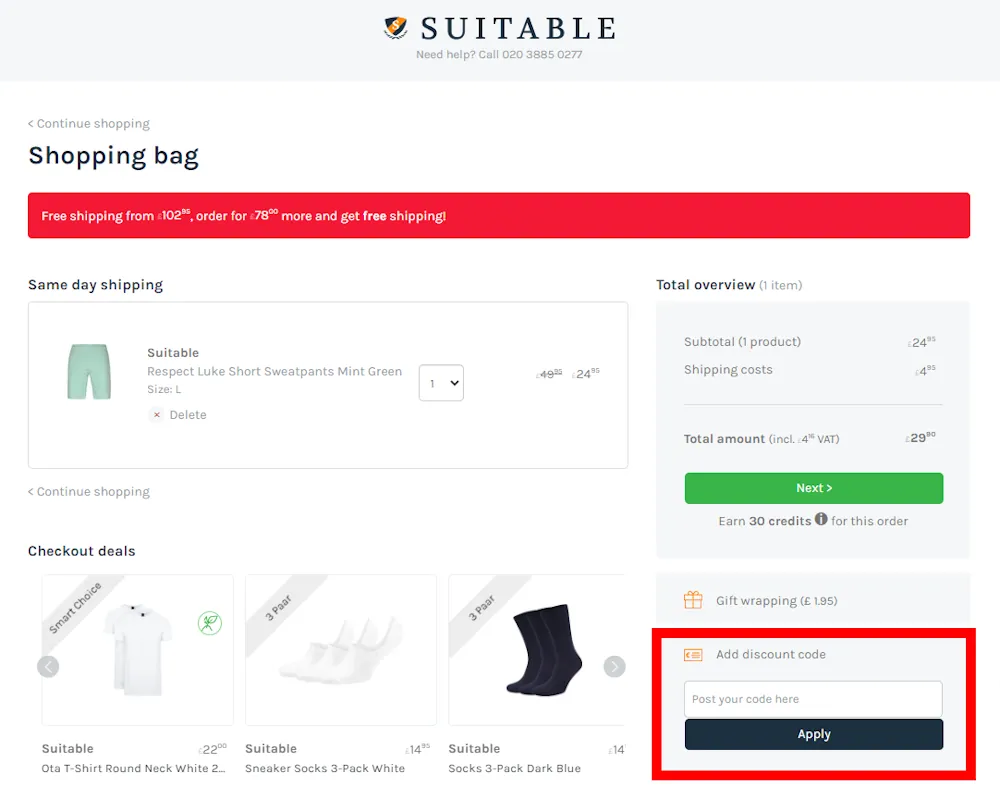 Screenshot showing where to apply a Suitable promo code on www.suitableshop.co.uk.