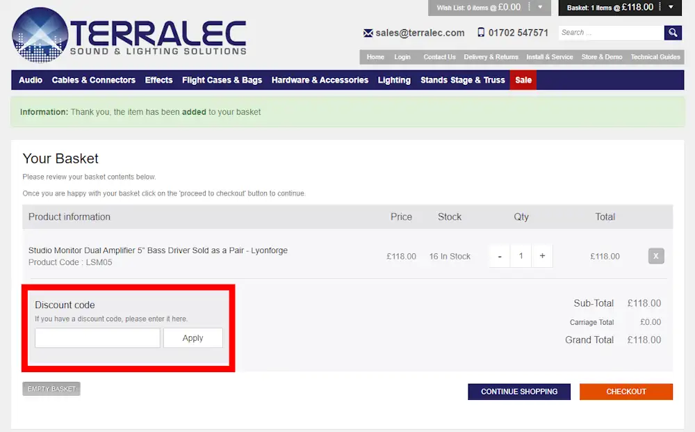 Screenshot showing where to apply a Terralec promo code at checkout on www.terralec.co.uk