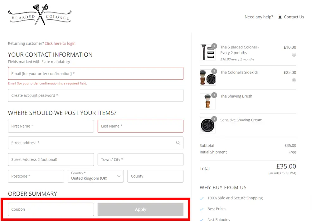 Screenshot showing where to apply a The Bearded Colonel promo code at checkout on www.beardedcolonel.co.uk