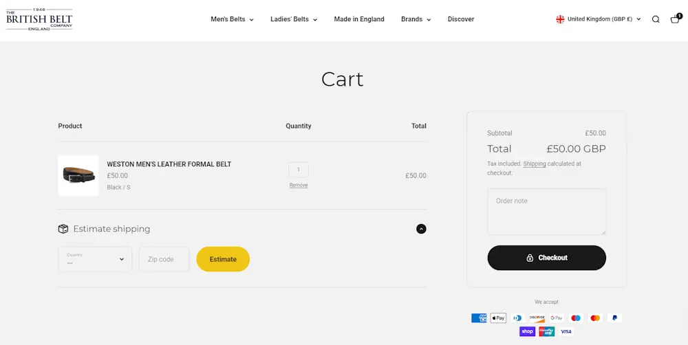 Screenshot showing where to apply a The British Belt Company promo code at checkout on www.thebritishbeltcompany.co.uk