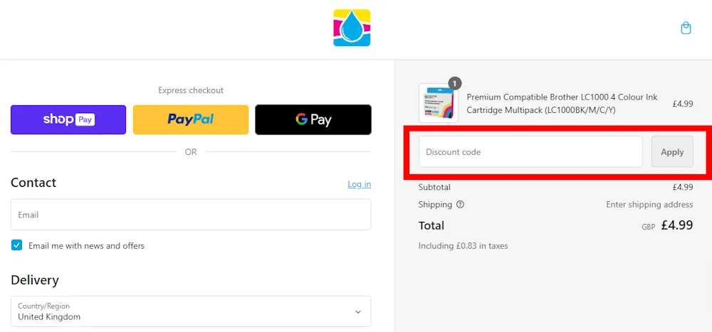 Image of how to enter a The Cartridge Centre voucher code on www.thecartridgecentre.co.uk