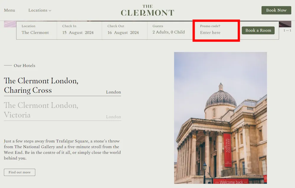 Screenshot of how to enter a The Clermont voucher code on www.theclermont.co.uk.