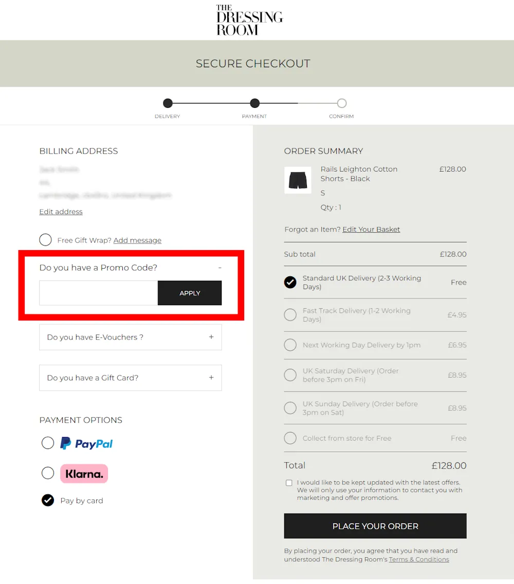 Screenshot showing where to apply a The Dressing Room code at checkout on www.the-dressingroom.com.