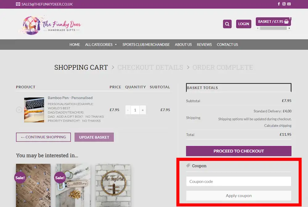 Instructions how to enter a discount code for The Funky Deer on www.thefunkydeer.co.uk