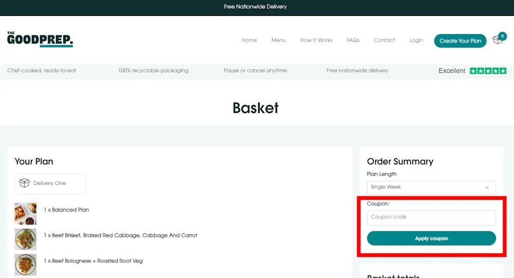 Screenshot showing where to apply a The Good Prep promo code at checkout on www.thegoodprep.com