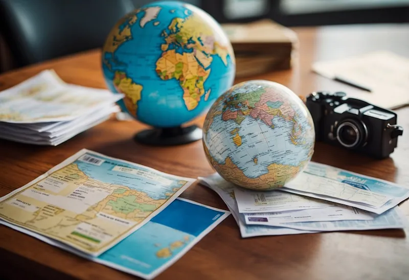 A stack of travel vouchers and discount codes scattered on a desk, with a globe and a map in the background