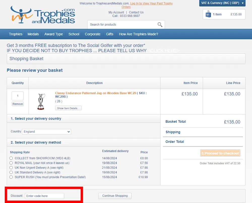 Screenshot of how to enter a discount code for TrophiesandMedals.com at checkout