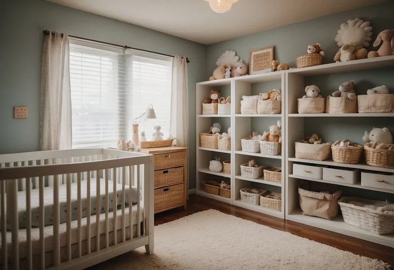 A cluttered nursery with overflowing shelves of baby products and a price comparison chart on the wall.
