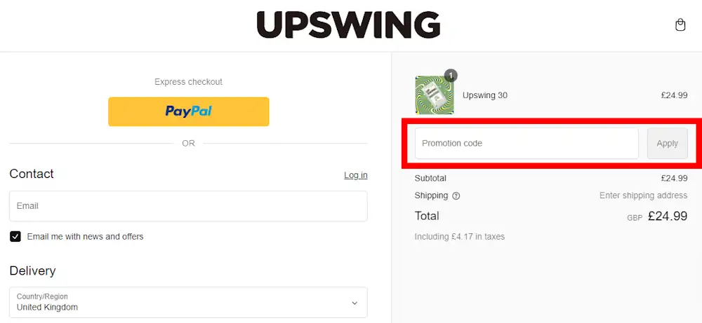Screenshot showing where to apply a Upswing discount code during checkout on upswing.store.