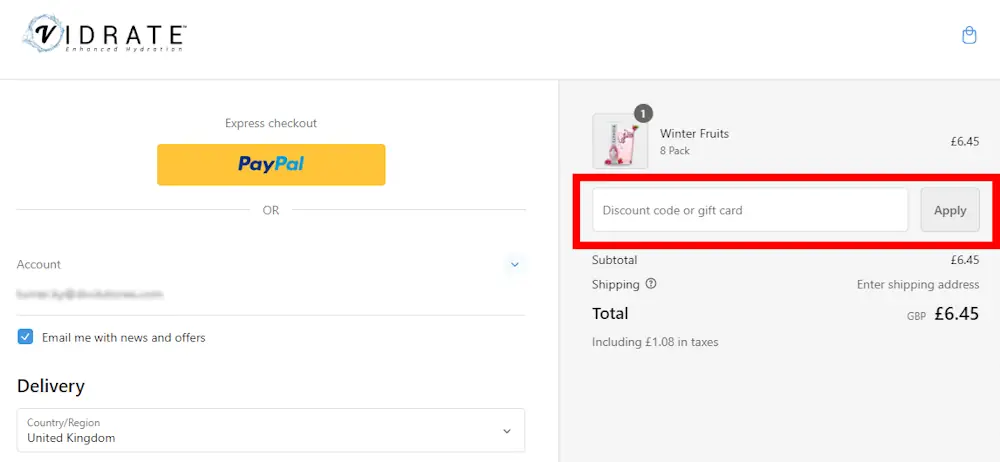 Instructions how to enter a verified discount code for ViDrate on vidrate.com