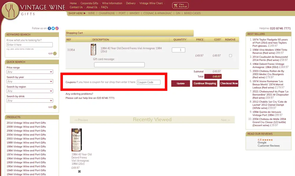 Instructions how to enter a voucher code for Vintage Wine Gifts on www.vintagewinegifts.co.uk