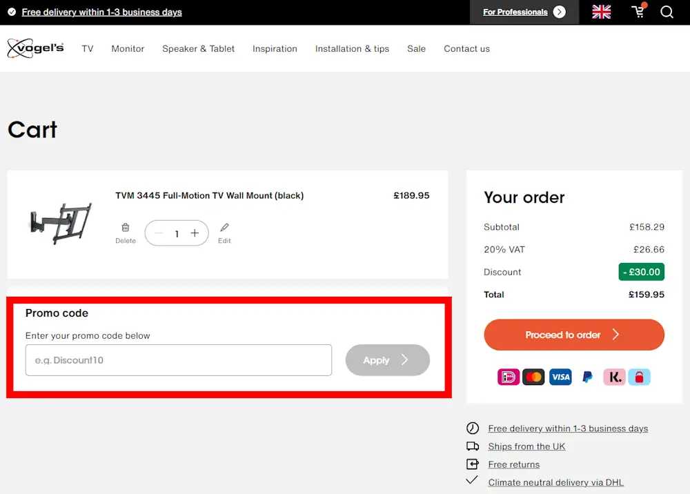 Screenshot on where to enter a discount code on www.vogels.com