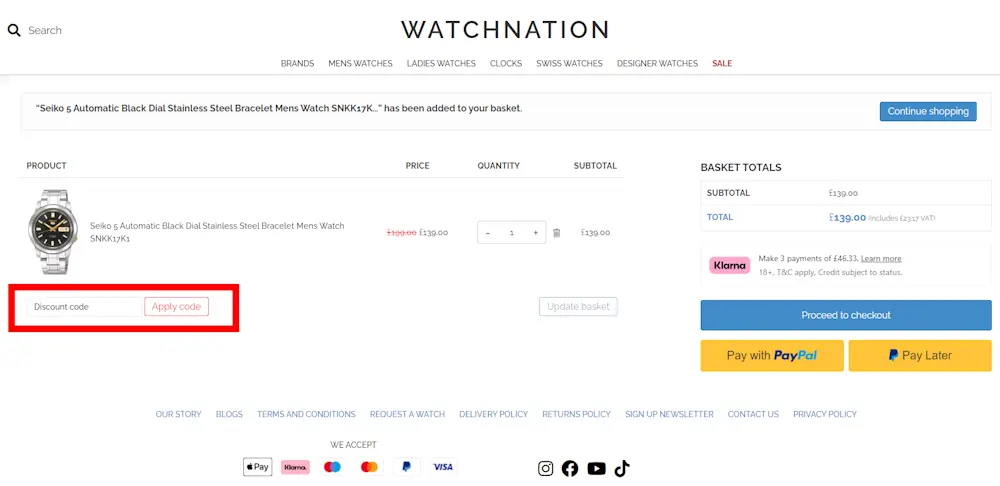 Screenshot showing where to apply a WatchNation code on watchnation.com