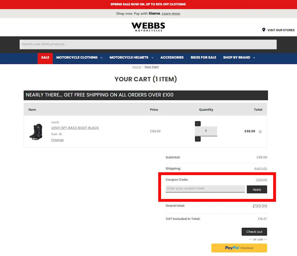 Screenshot showing where to apply a Webbs Motorcycles code on webbsmotorcycles.co.uk.