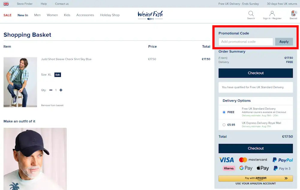 Screenshot showing where to apply a Weird Fish code on www.weirdfish.co.uk