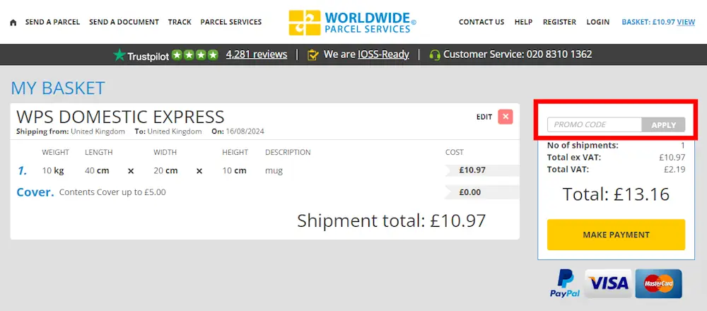 Instructions on how to enter a Worldwide Parcel Services voucher code on www.worldwide-parcelservices.co.uk