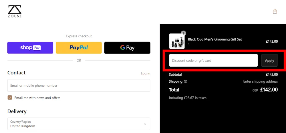 Screenshot showing where to apply a ZOUSZ promo code during checkout on www.zousz.com.