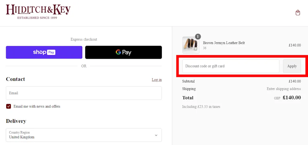 Screenshot showing where to apply a Hilditch & Key discount code during checkout on hilditchandkey.co.uk