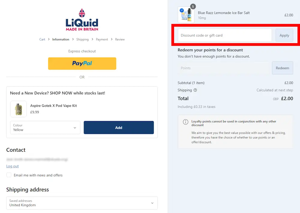 Screenshot where to enter LiQuid voucher codes on onepoundeliquid.com