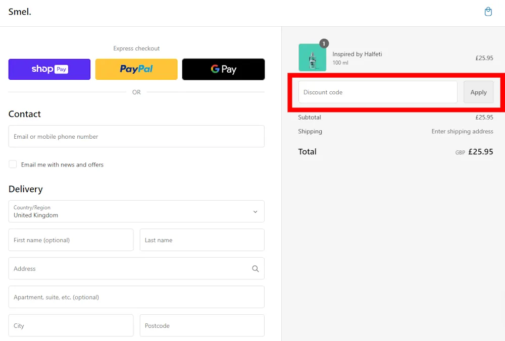 Screenshot showing where to apply a Smel promo code during checkout on www.yousmel.com
