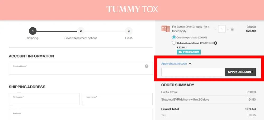 How to enter a TummyTox voucher code in the checkout area on tummy-tox.com
