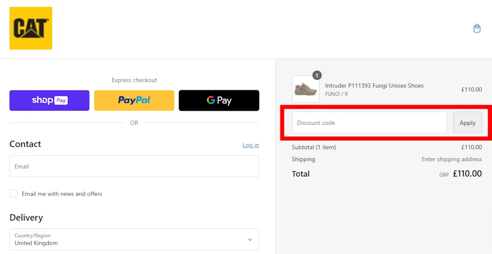 Screenshot showing where to apply a CAT Footwear discount code during checkout on catfootwear.co.uk