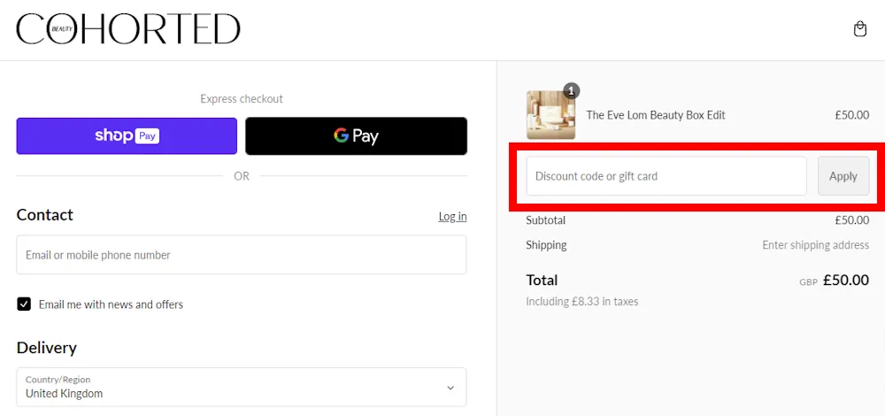 Screenshot showing where to apply a Cohorted Beauty promo code during checkout on cohorted.co.uk