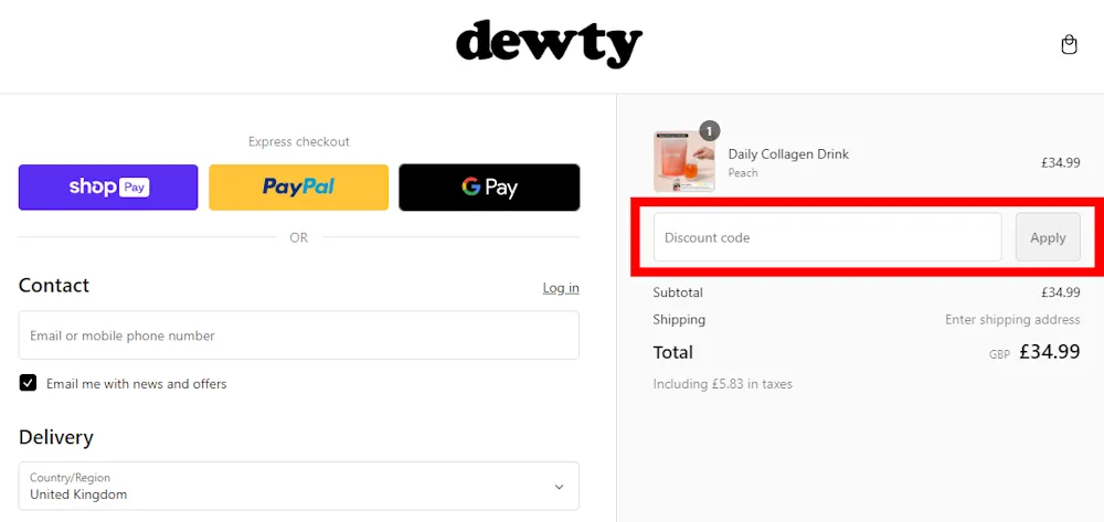 Screenshot showing where to apply a Dewty Beauty promo code during checkout on www.dewtybeauty.com.