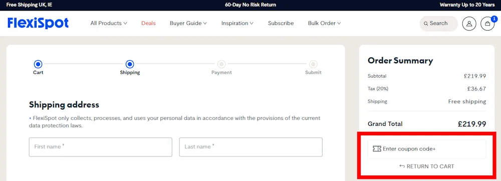 Screenshot showing where to apply a Flexispot discount code during checkout on flexispot.co.uk.
