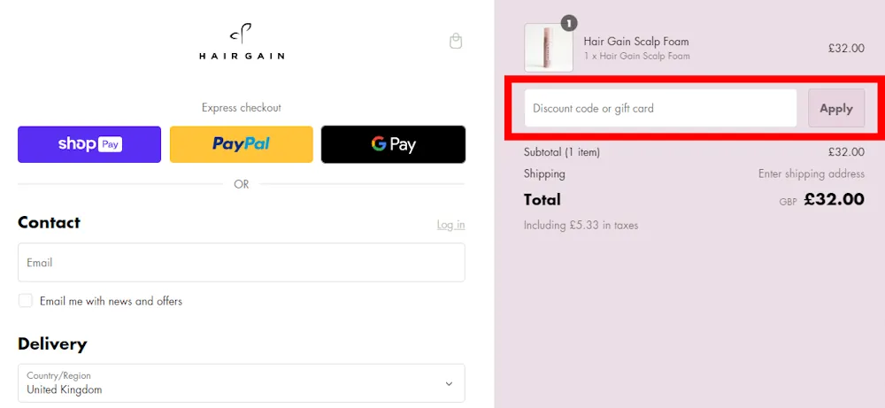Screenshot showing where to apply a Hair Gain Now discount code during checkout on hairgainnow.com
