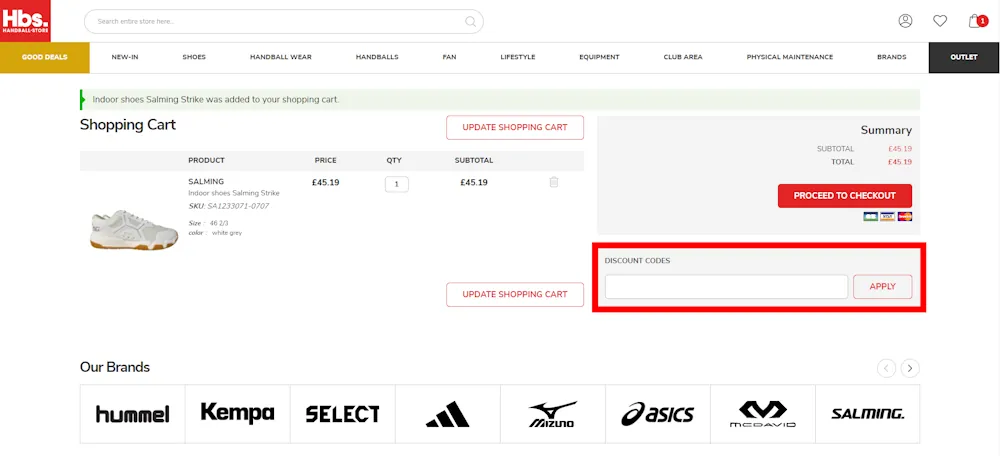Screenshot showing where to apply a Handball-Store promo code during checkout on handball-store.co.uk.
