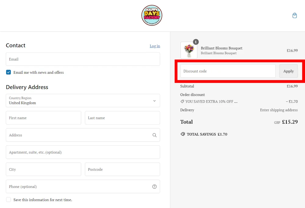 Screenshot showing where to apply a Happy Days Factory promo code during checkout on www.happydaysfactory.com.