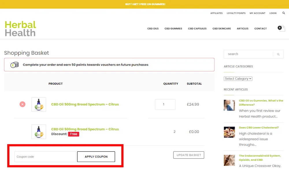 Screenshot where to enter a Herbal Health CBD promo code on herbalhealthcbd.co.uk