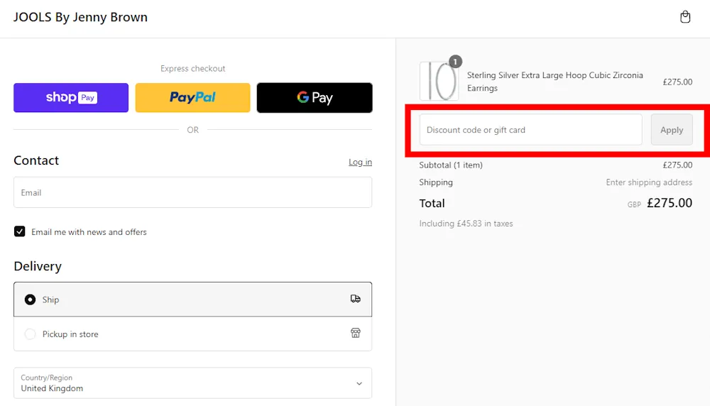 Screenshot showing where to apply a JOOLS By Jenny Brown discount code during checkout on joolsbyjennybrown.co.uk