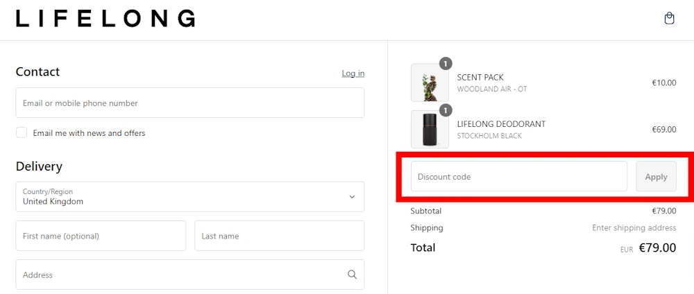 Screenshot showing where to apply a Lifelong discount code during checkout on lifelongdeo.com