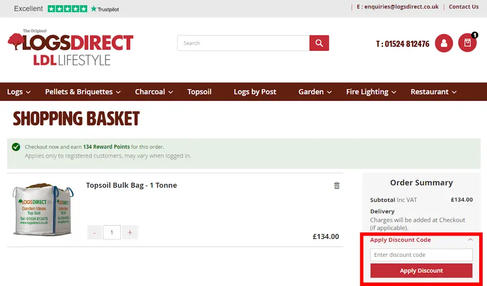 Screenshot showing where to apply a Logs Direct promo code during checkout on www.logsdirect.co.uk.