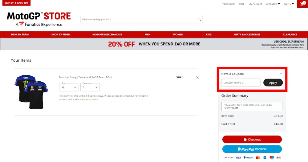 Screenshot showing where to apply a MotoGP Store promo code during checkout on store.motogp.com