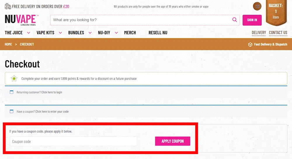 Screenshot showing where to enter a NU VAPE promo code on nu-vape.com