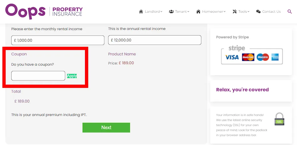 Screenshot showing where to apply a Oops Insurance discount code during checkout on oopsinsurance.co.uk