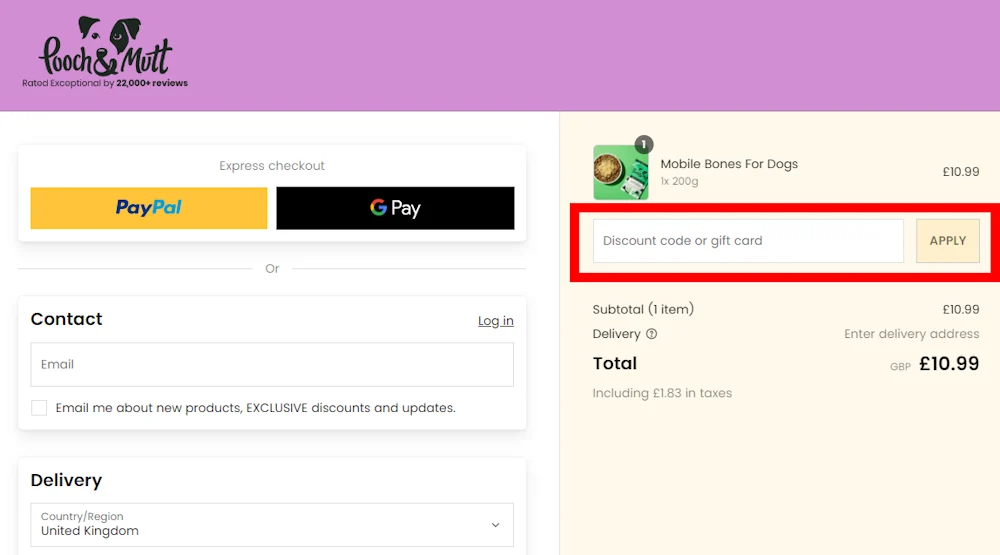 Screenshot showing where to apply a Pooch and Mutt discount code during checkout on poochandmutt.co.uk