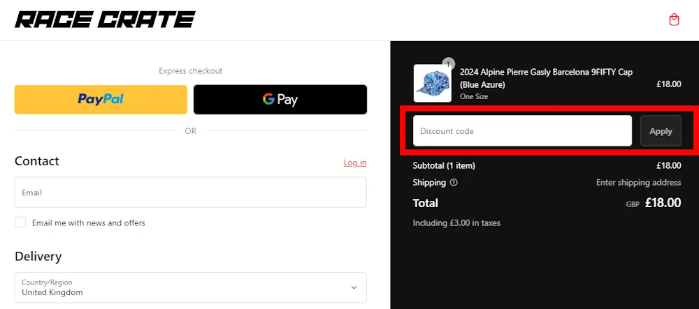 Screenshot showing where to apply a Race Crate discount code during checkout on racecrate.com.