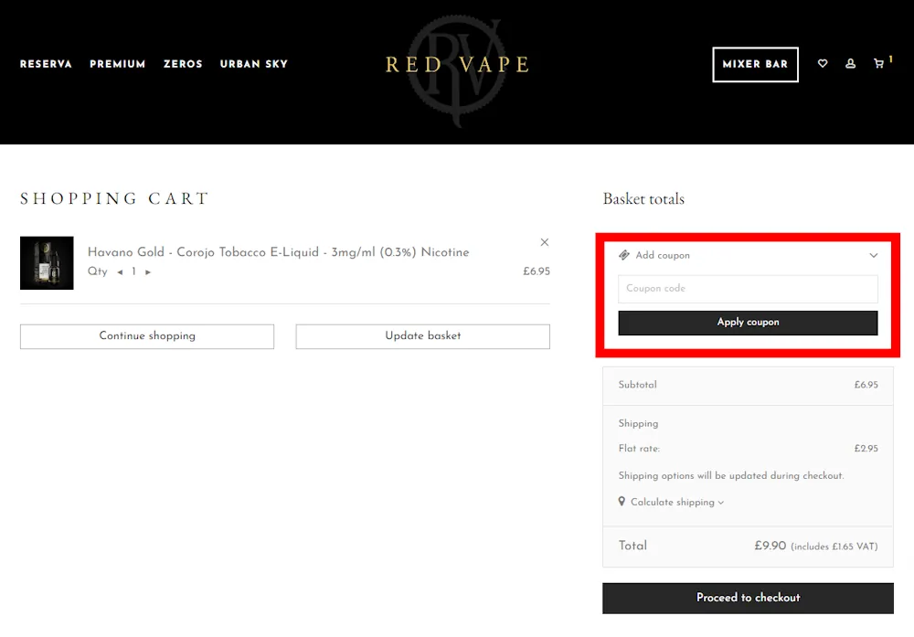 Screenshot showing where to enter a Red Vape discount code on redvape.com