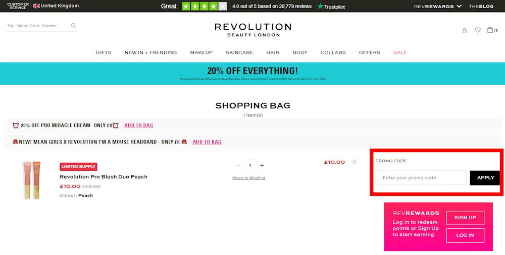 Screenshot showing where to apply a Revolution Beauty promo code during checkout on revolutionbeauty.com