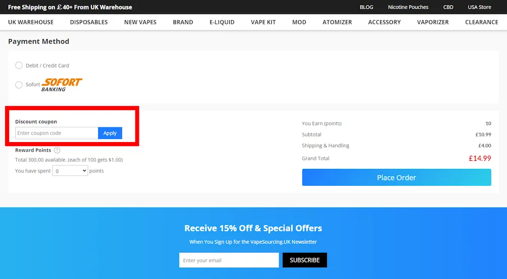 Screenshot showing where to apply a Vapesourcing promo code on vapesourcing.uk