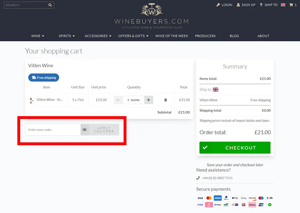 Screenshot of where to enter a Winebuyers voucher code at checkout on winebuyers.com
