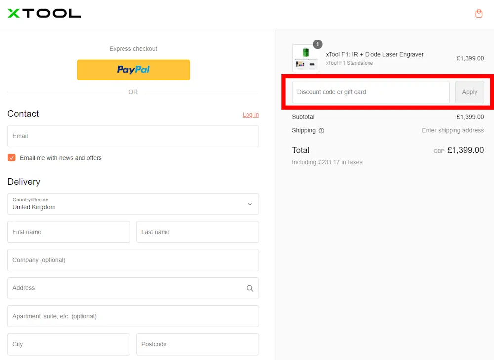 Screenshot showing where to apply a xTool promo code during checkout on uk.xtool.com.