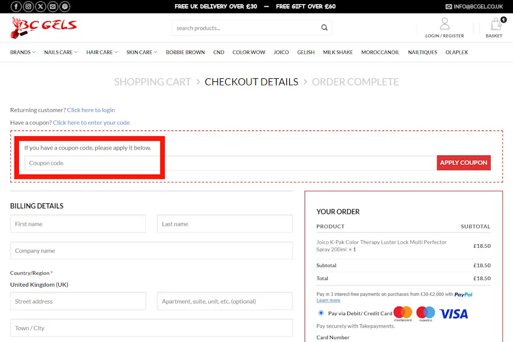 Screenshot showing where to apply a BC GELS promo code during checkout on www.bcgel.co.uk
